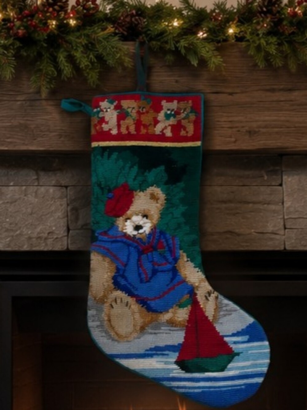 Christmas Holiday Stocking Finished Needlepoint Teddy Bear With Sailboat